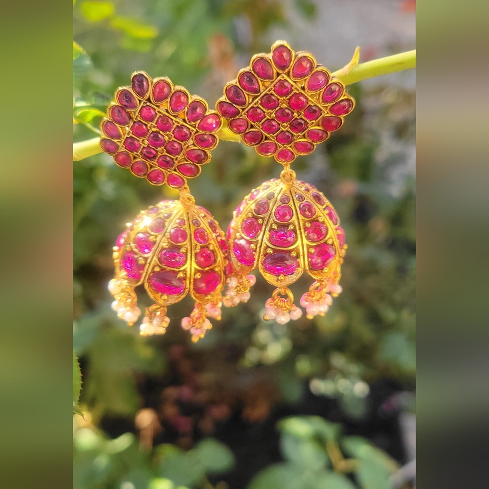 Ruby and cluster pearls jhumkas/hanging earrings